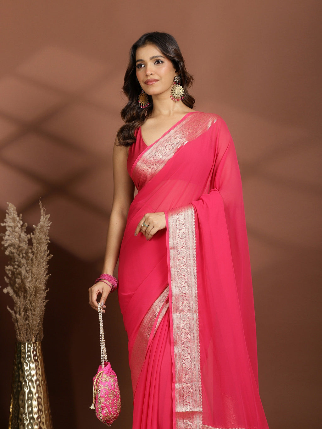 Rani Zari Work Chiffon Saree