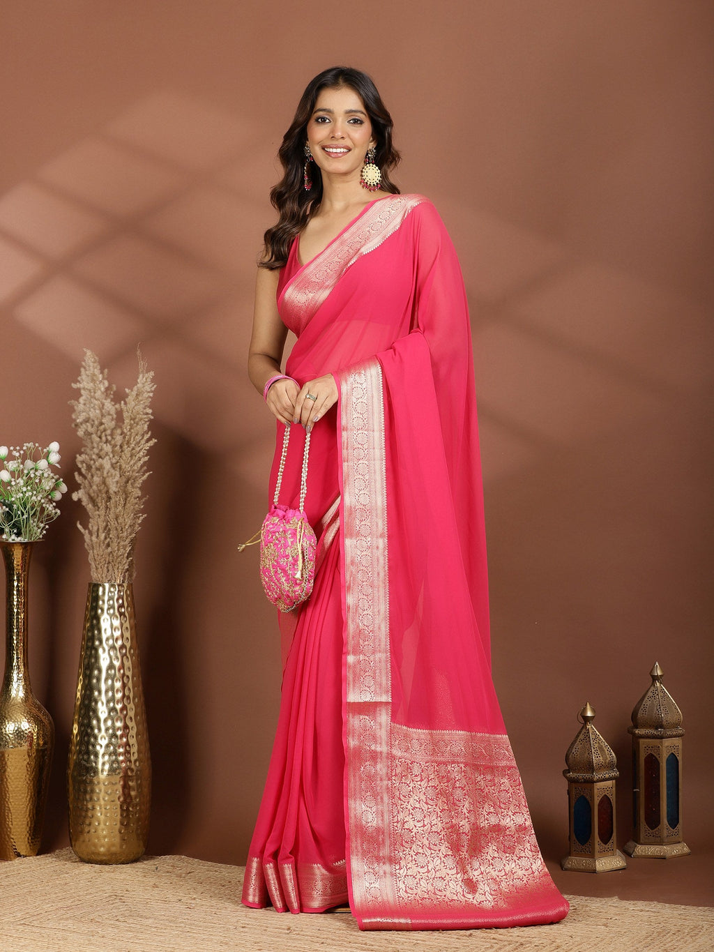 Rani Zari Work Chiffon Saree