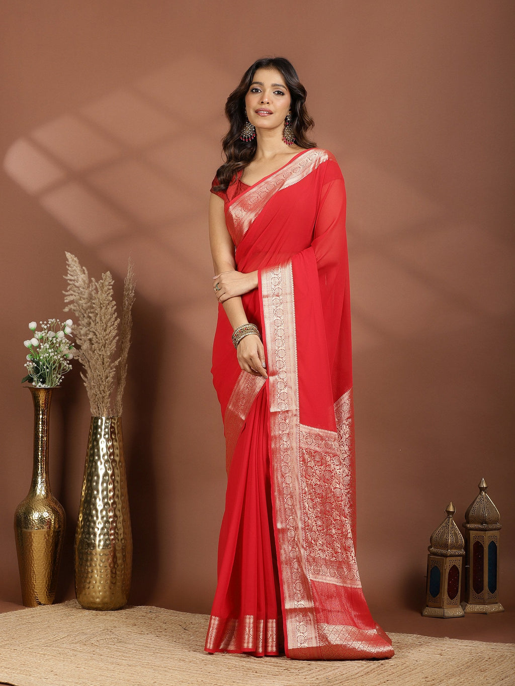 Red Zari Work Chiffon Saree