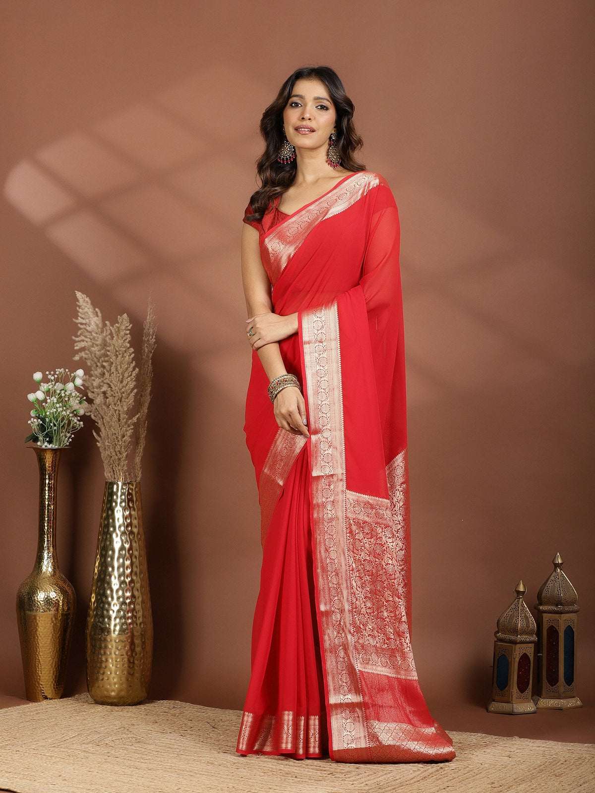 Red Zari Work Chiffon Saree