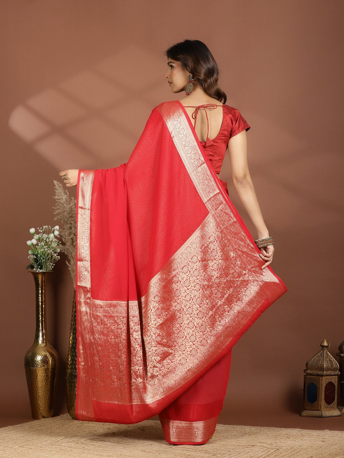 Red Zari Work Chiffon Saree