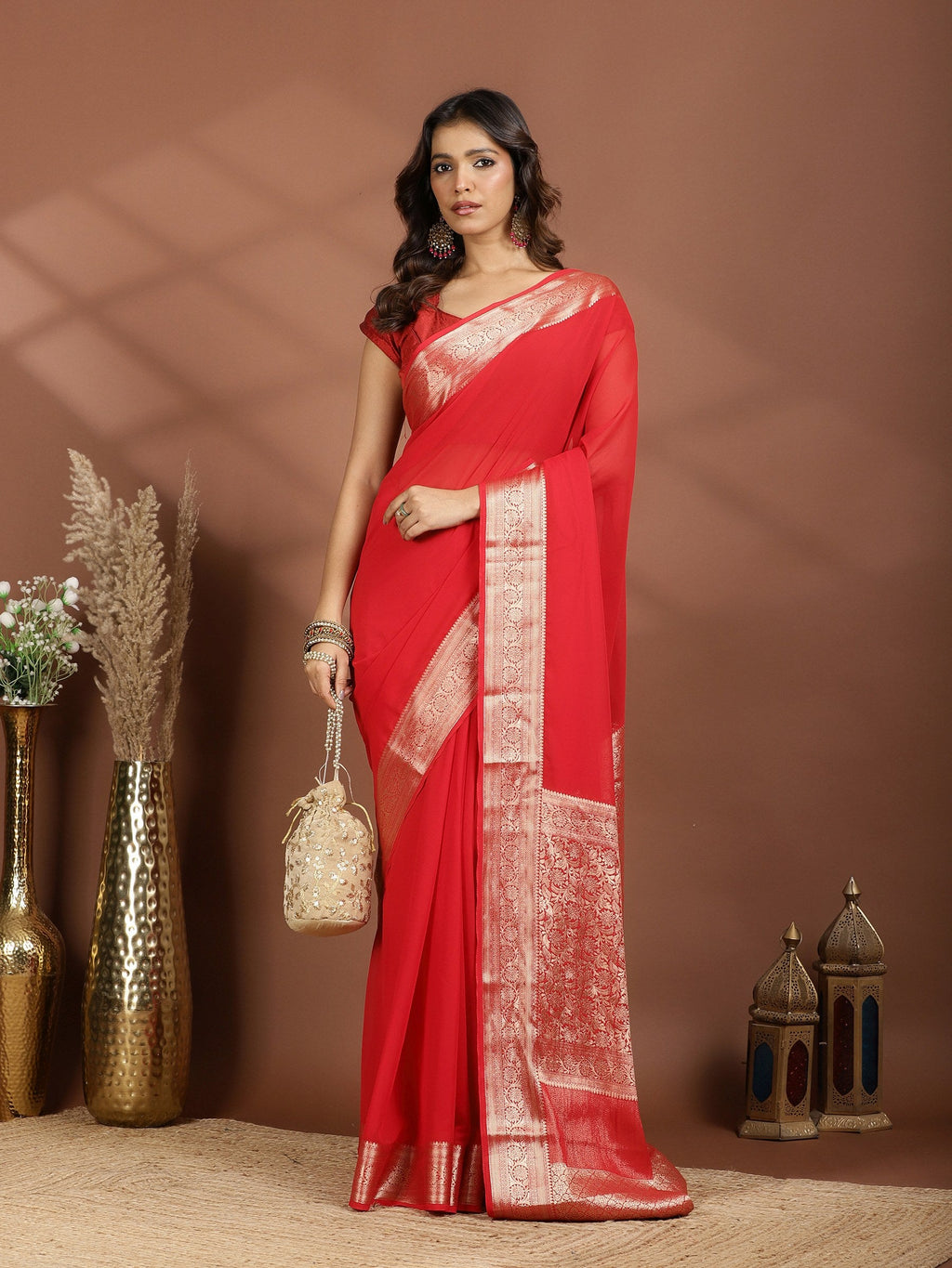 Red Zari Work Chiffon Saree