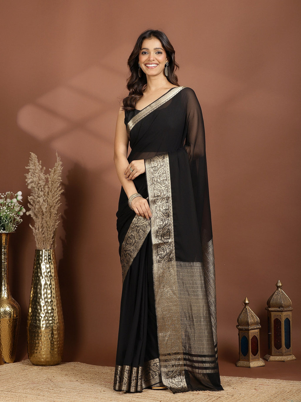 Black Zari Work Chiffon Saree
