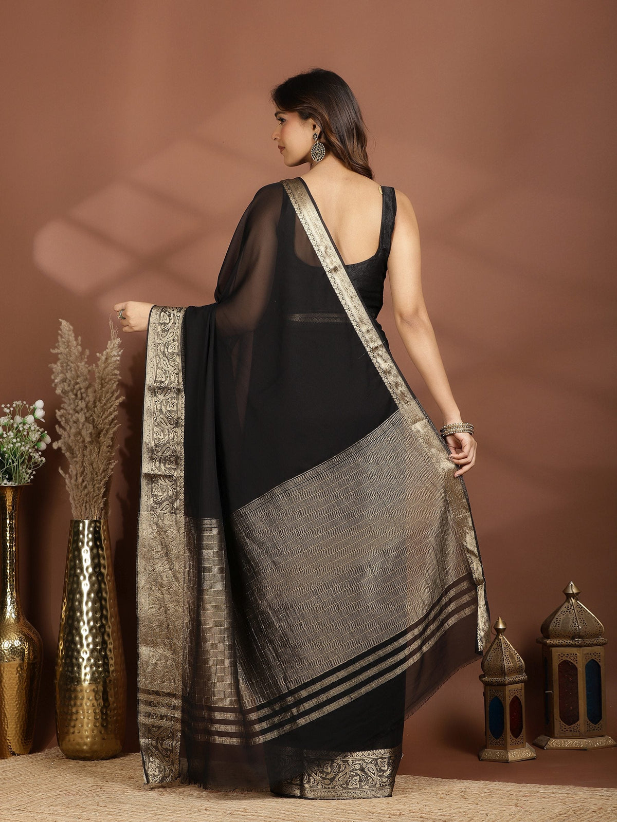 Black Zari Work Chiffon Saree