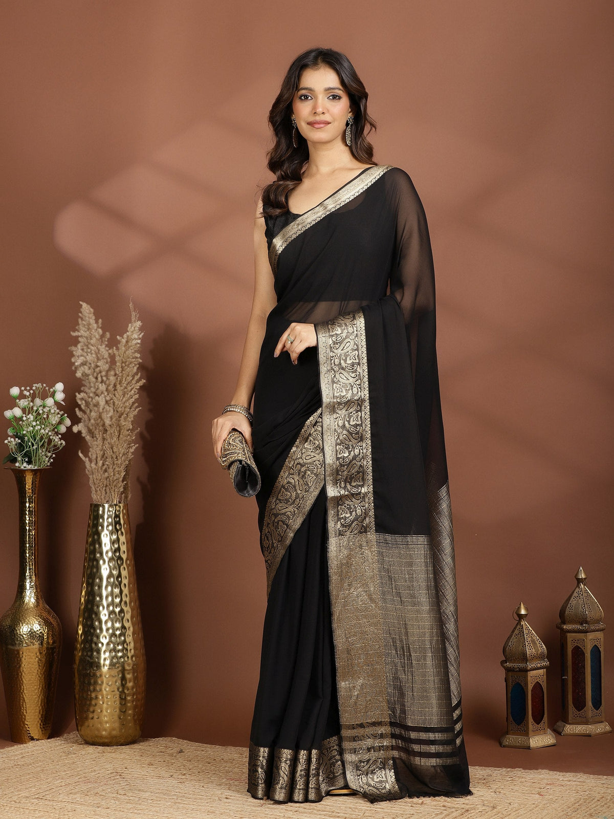 Black Zari Work Chiffon Saree