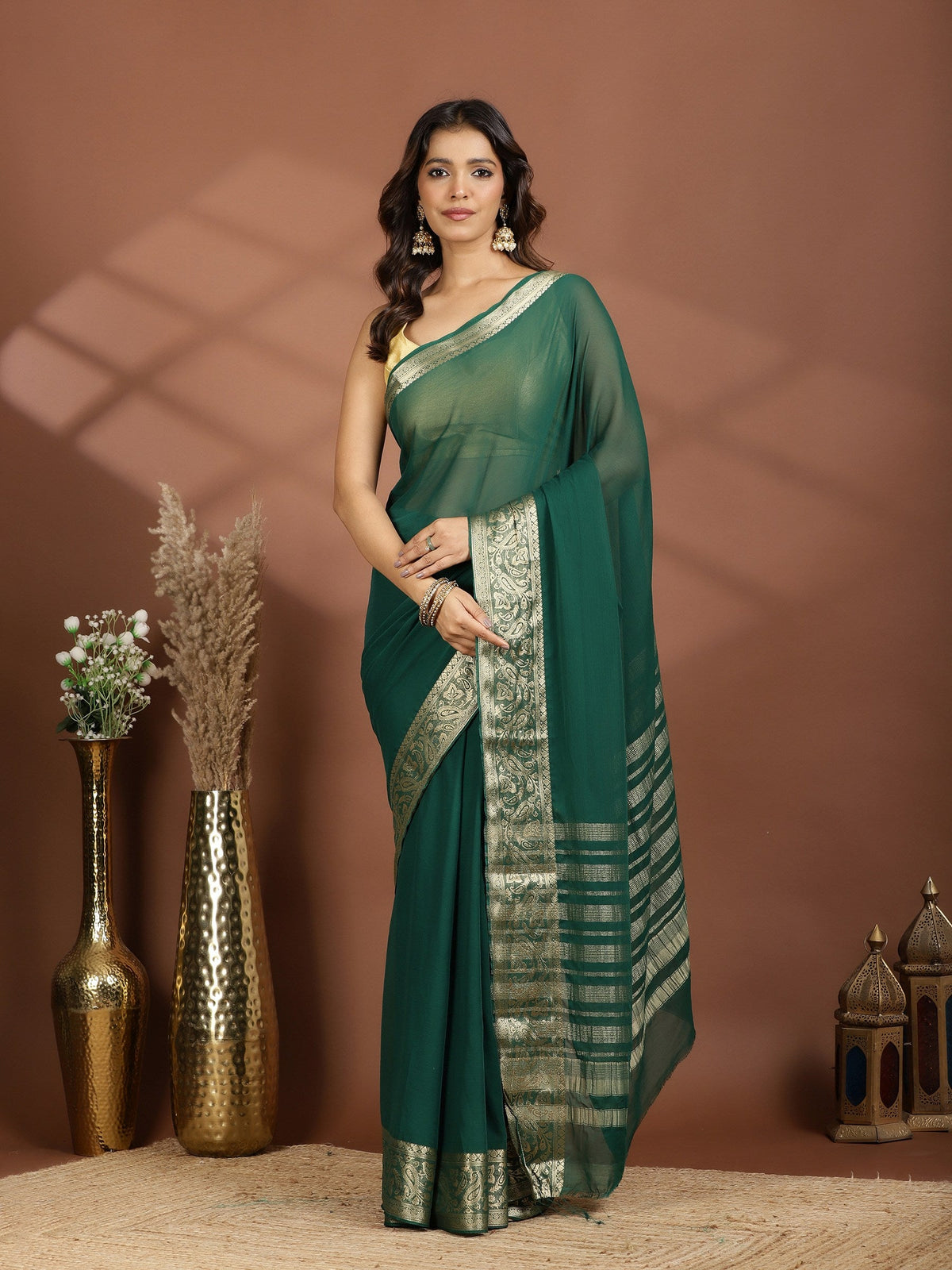 Bottle Green Zari Work Chiffon Saree