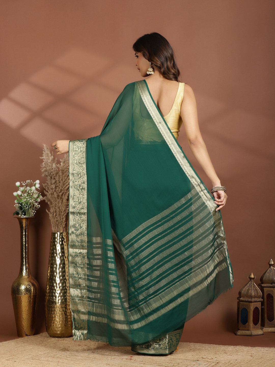 Bottle Green Zari Work Chiffon Saree