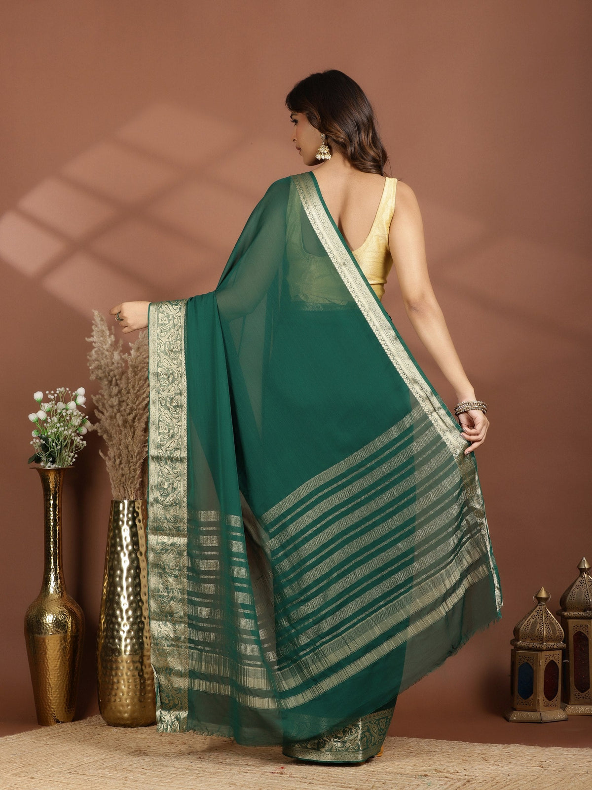 Bottle Green Zari Work Chiffon Saree