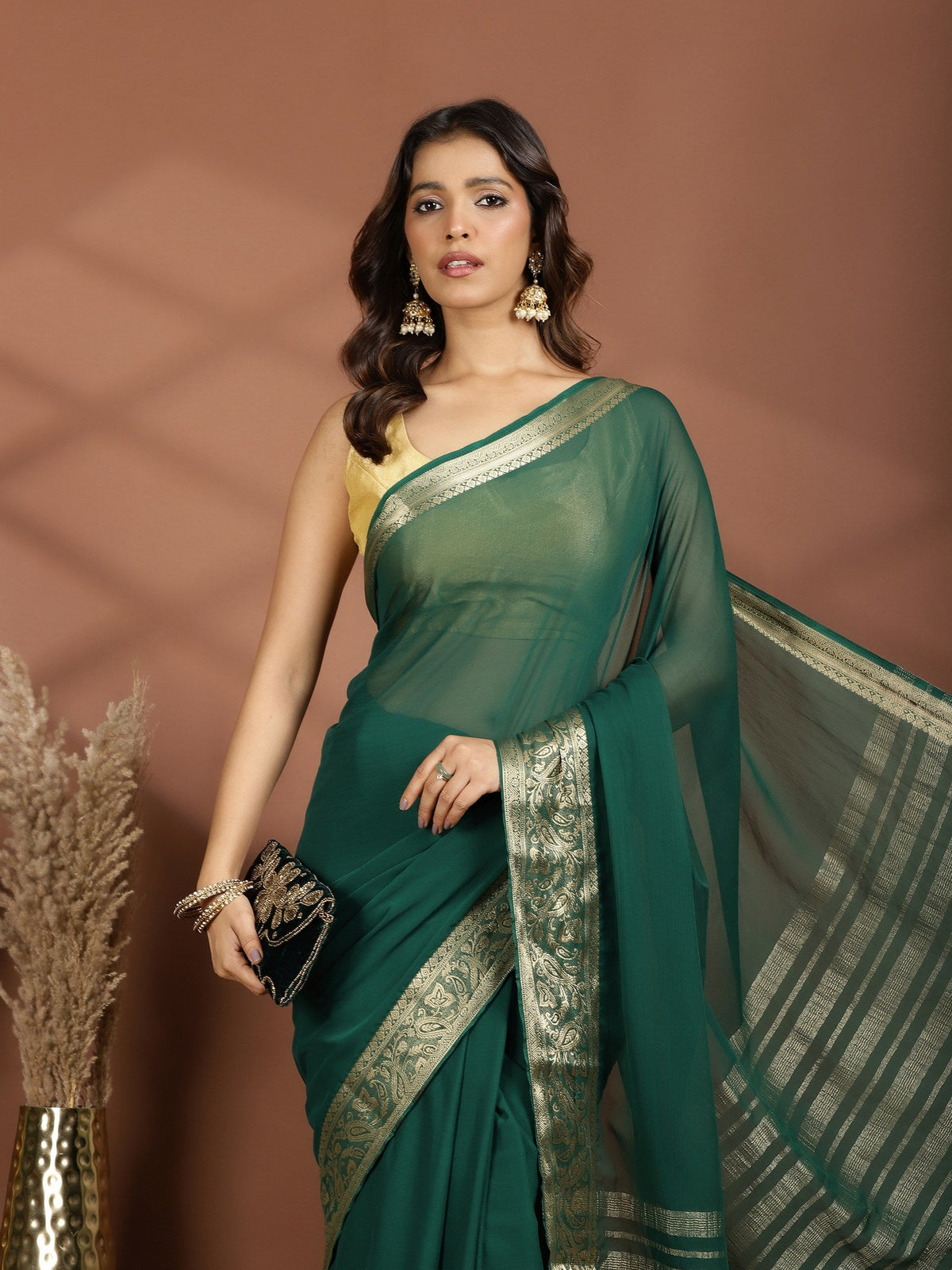 Bottle Green Zari Work Chiffon Saree