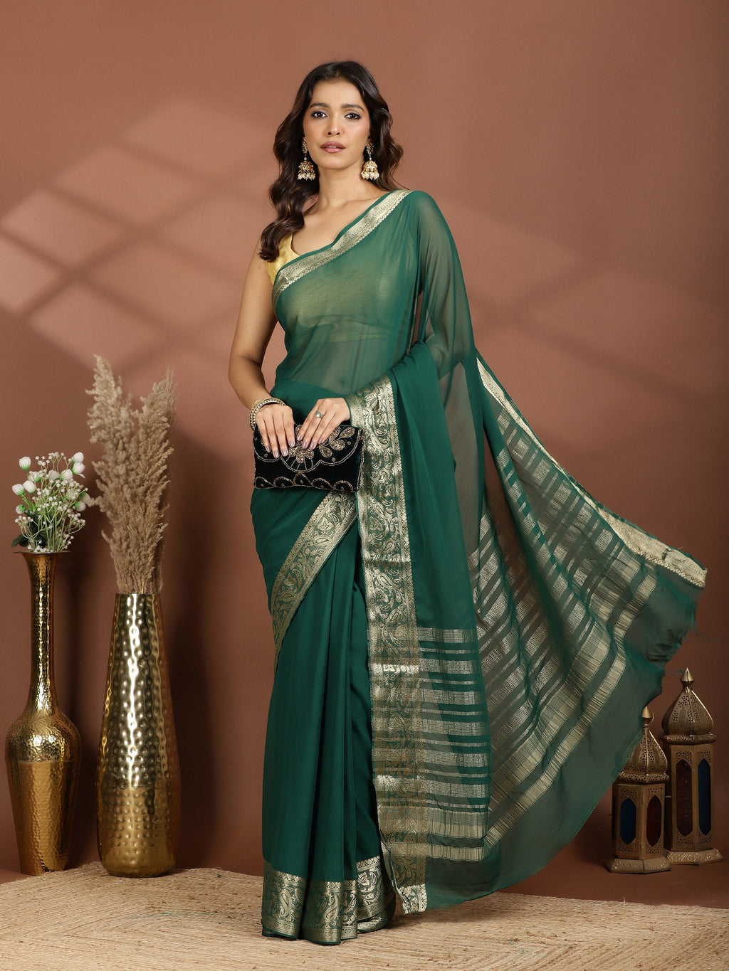 Bottle Green Zari Work Chiffon Saree