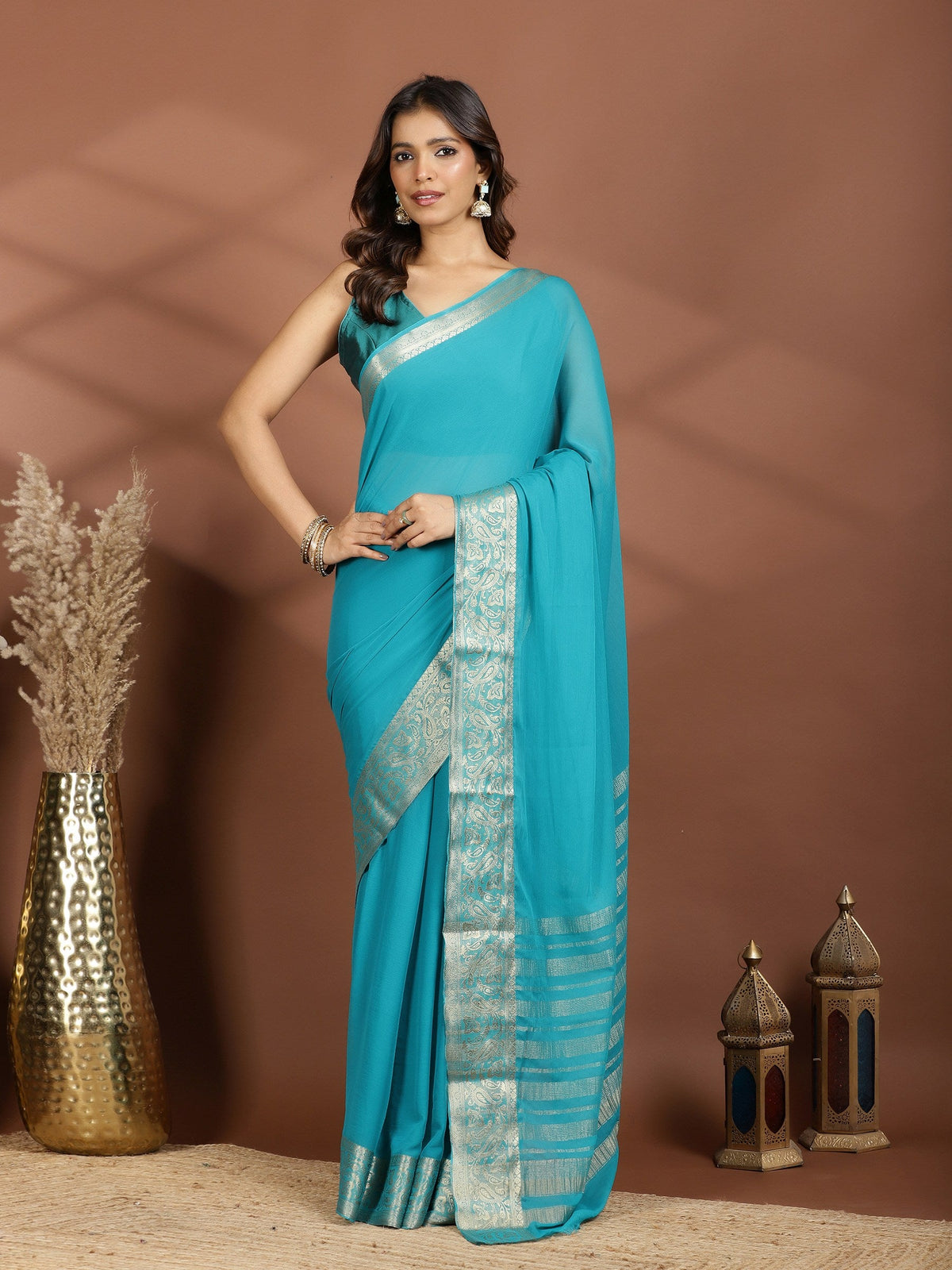 Firozee Zari Work Chiffon Saree