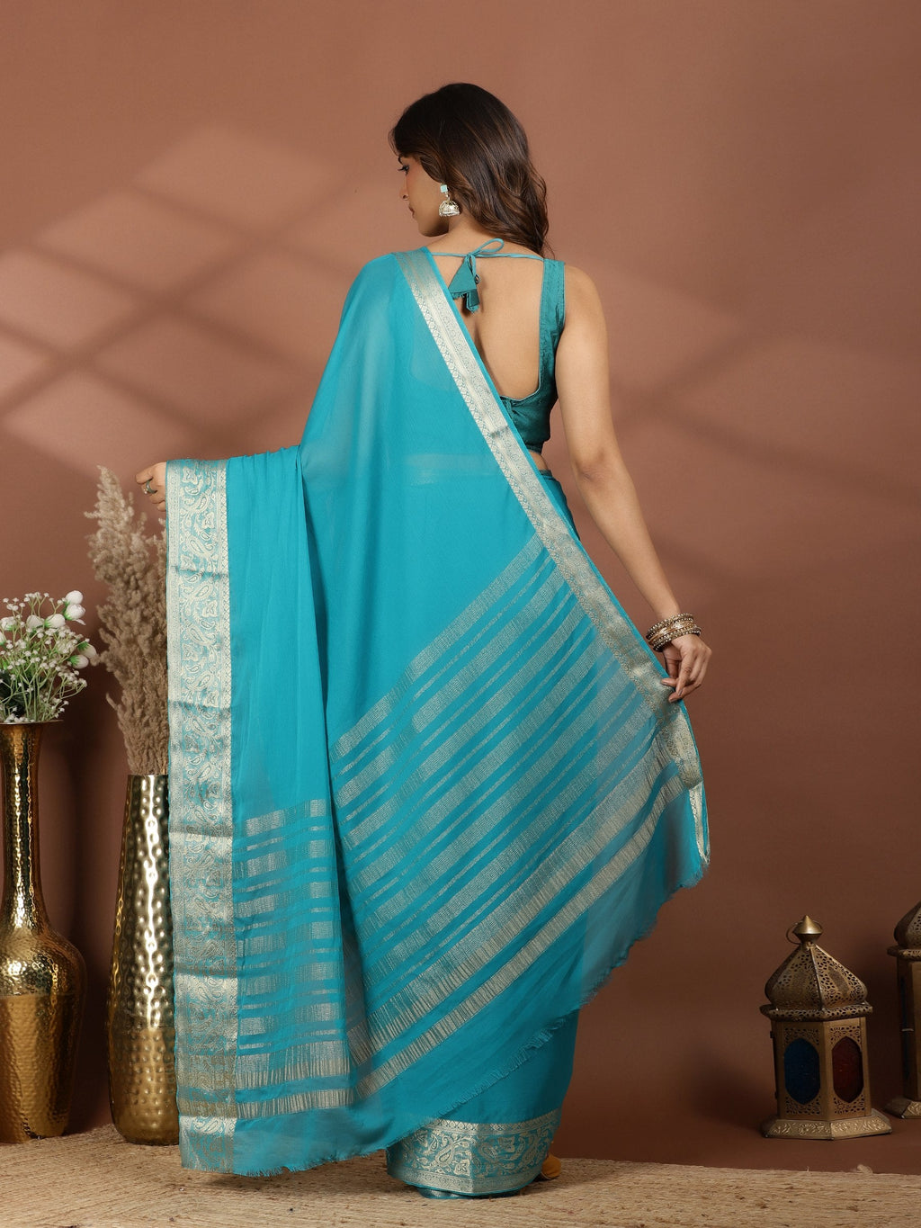 Firozee Zari Work Chiffon Saree