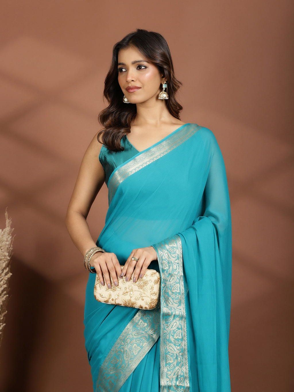 Firozee Zari Work Chiffon Saree