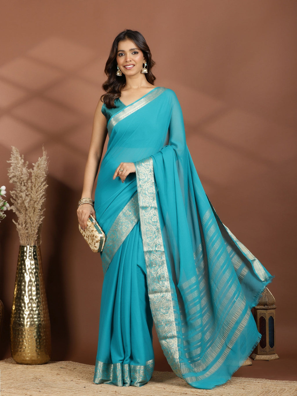 Firozee Zari Work Chiffon Saree