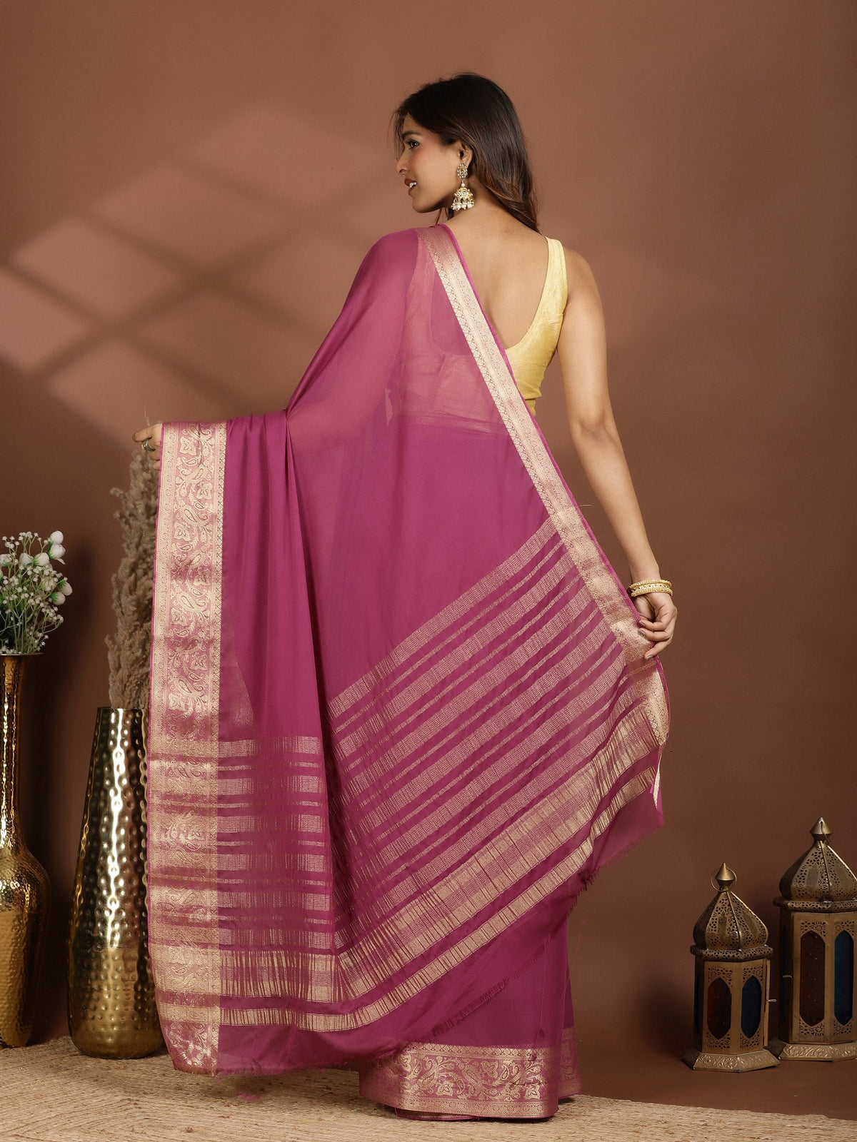 Lavender Zari Work Chiffon Saree