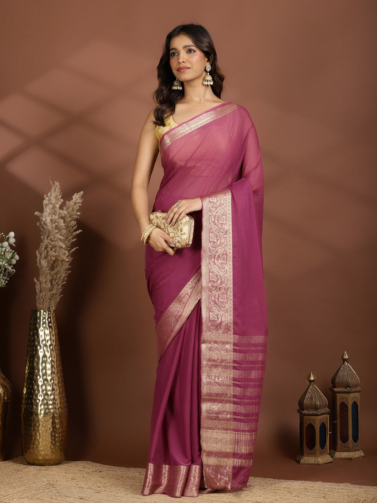 Lavender Zari Work Chiffon Saree