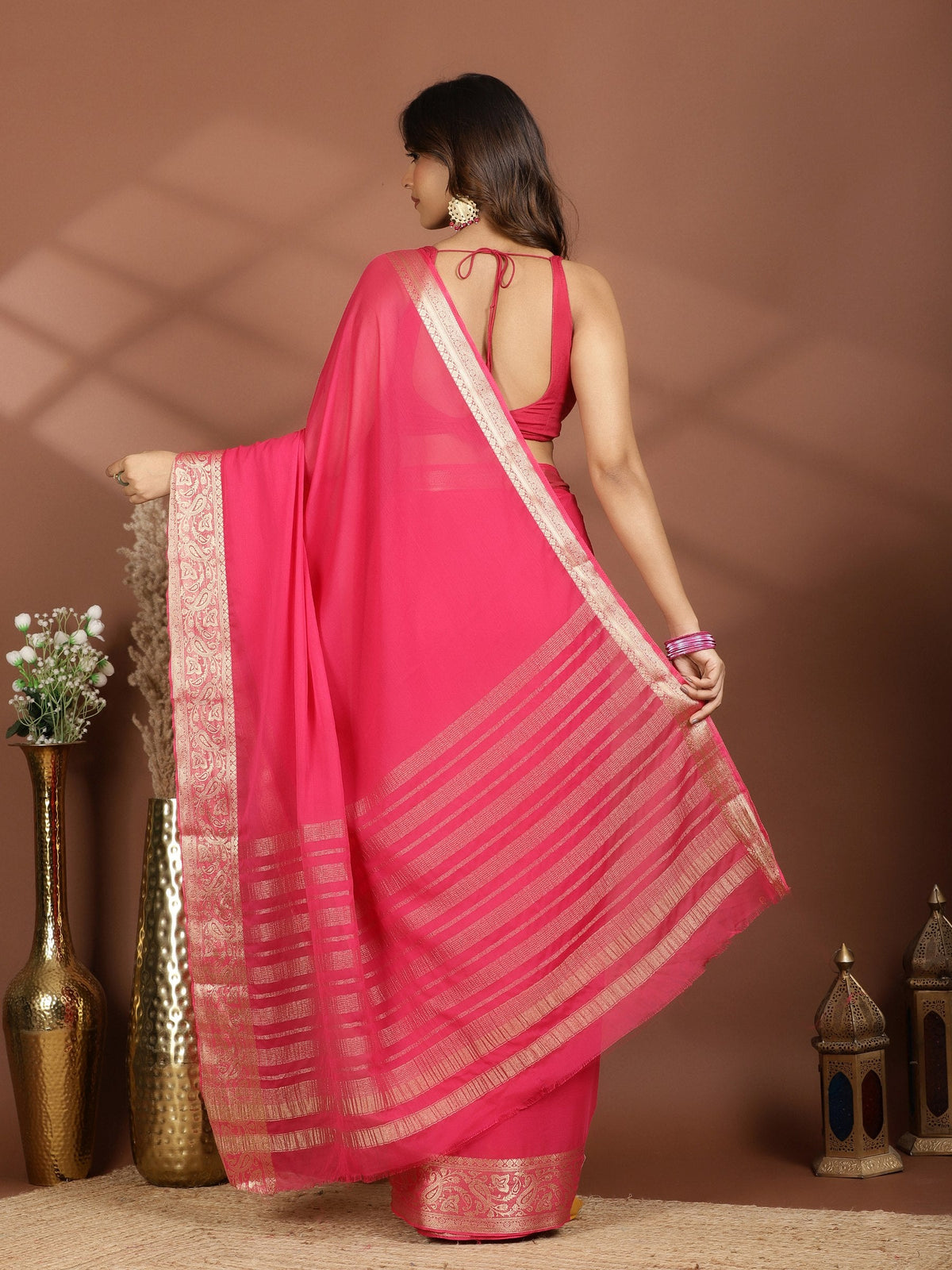 Rani Zari Work Chiffon Saree
