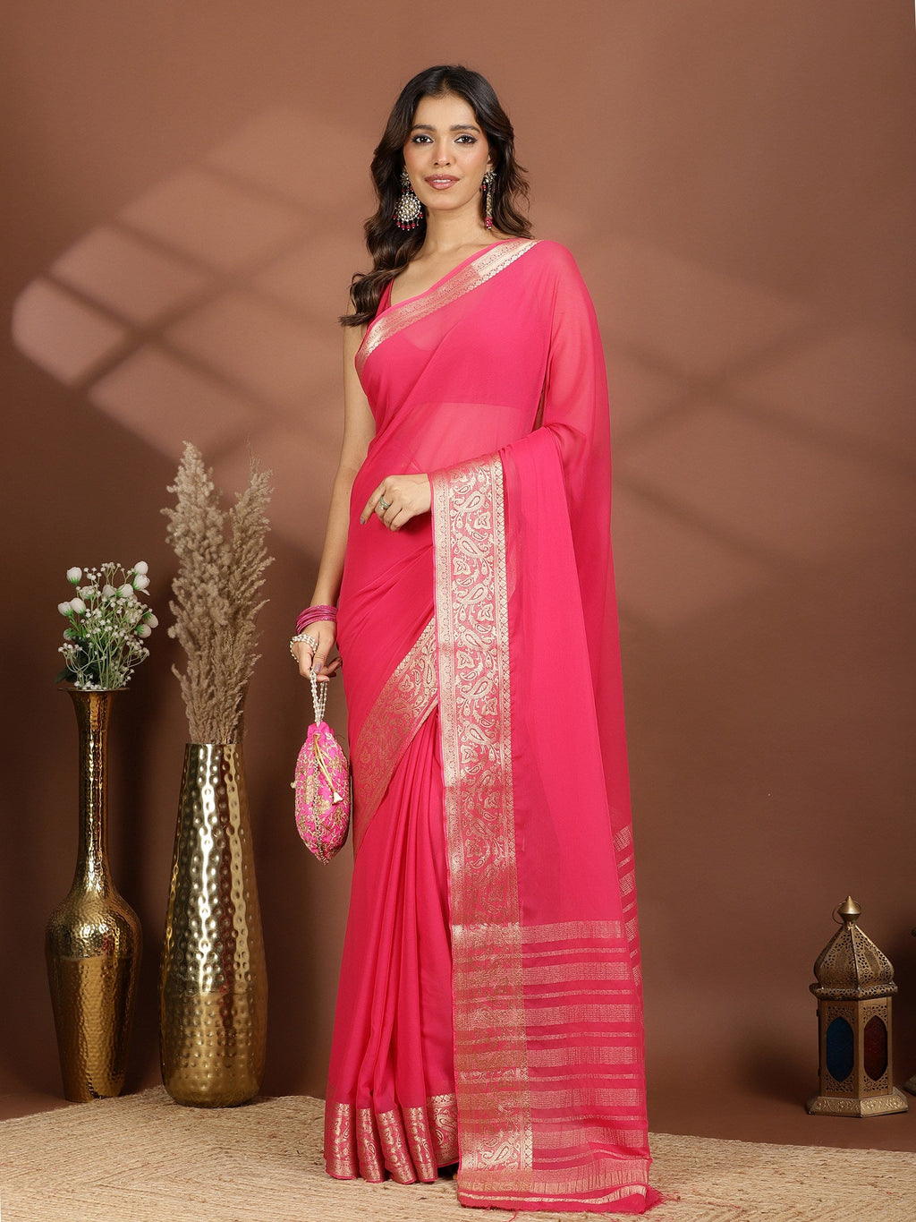 Rani Zari Work Chiffon Saree