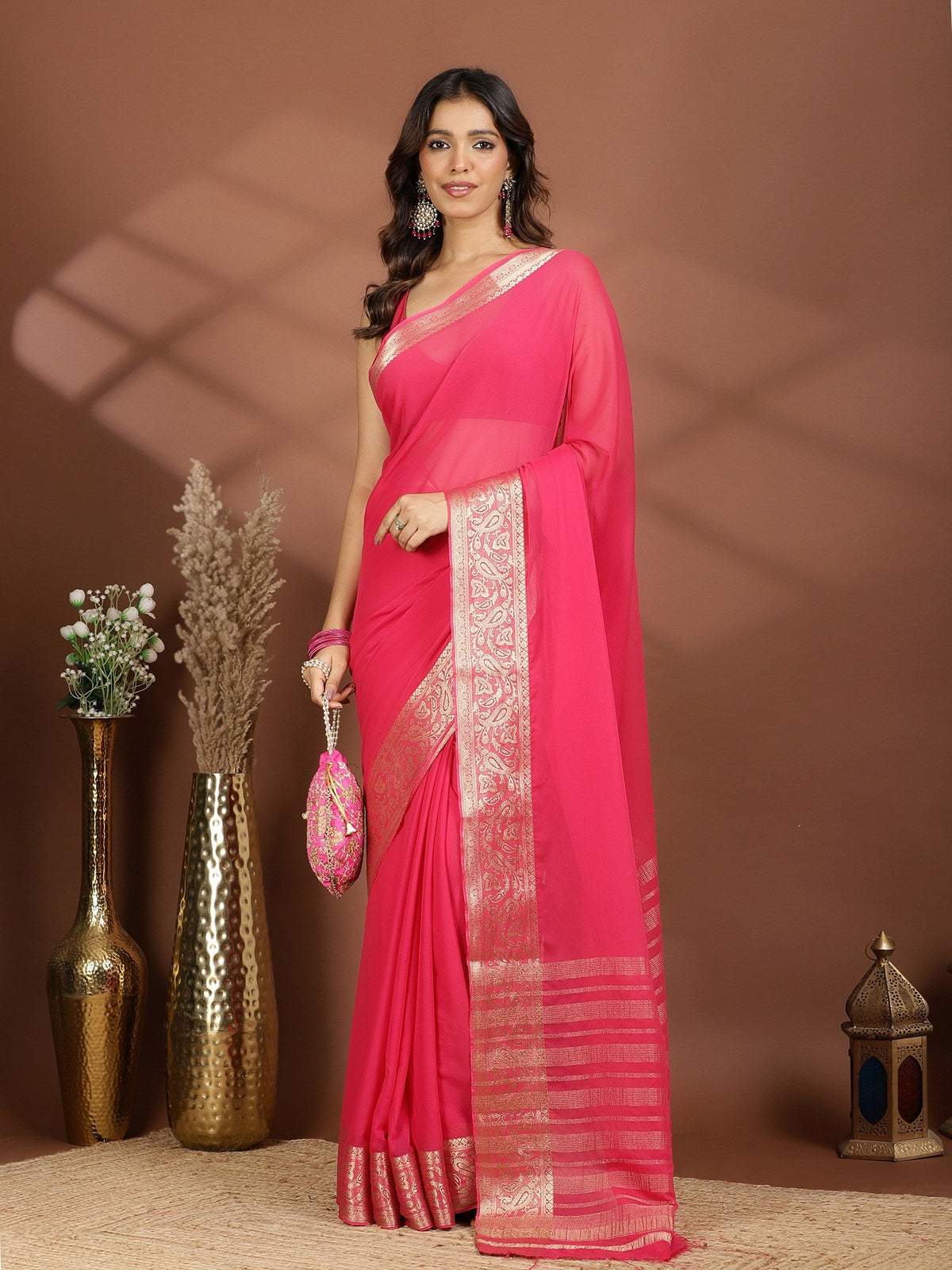 Rani Zari Work Chiffon Saree