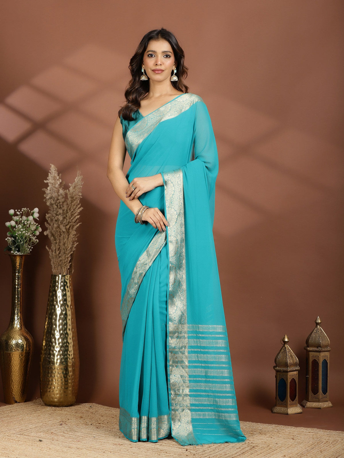 Firozee Zari Work Chiffon Saree