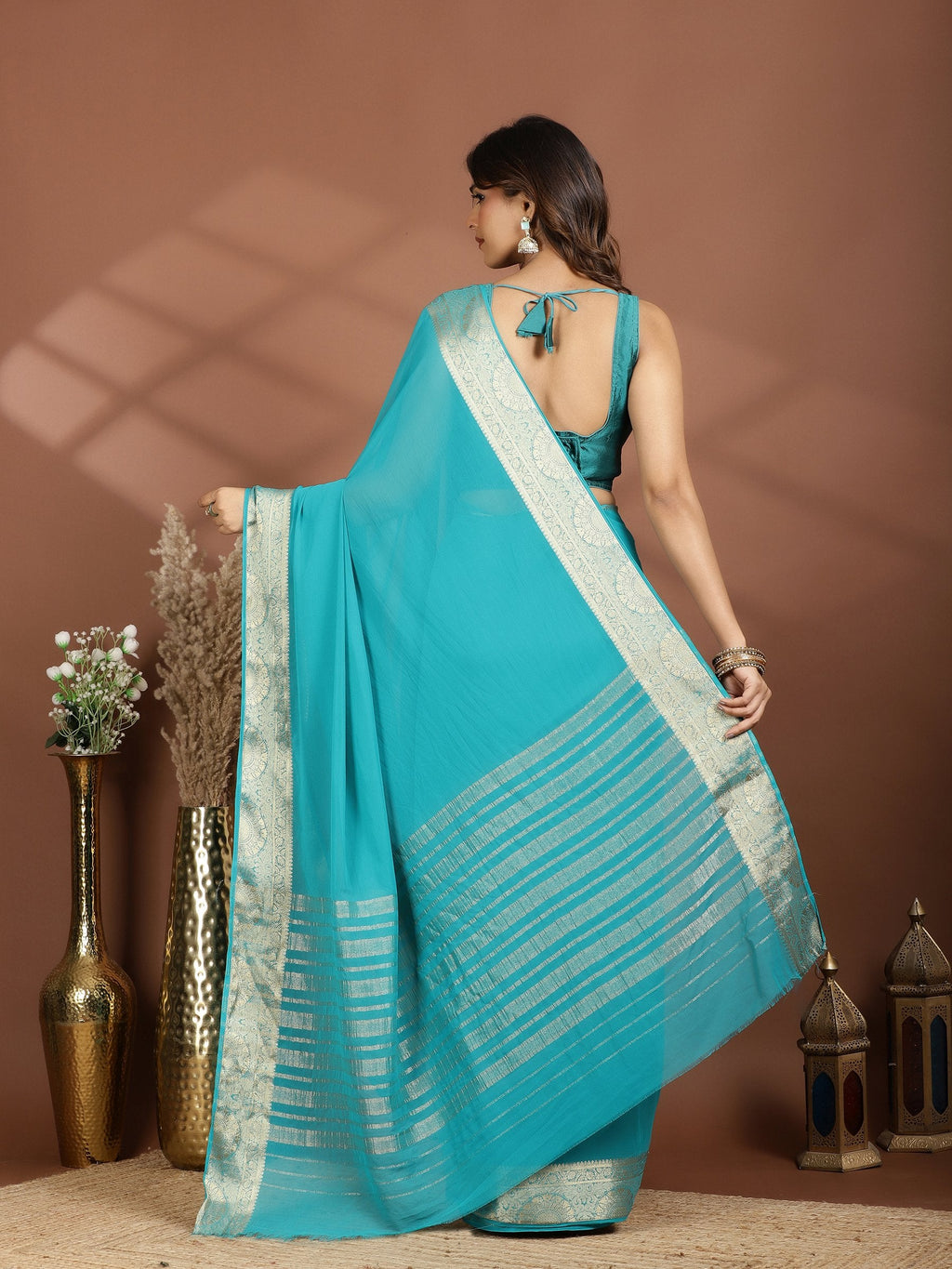 Firozee Zari Work Chiffon Saree