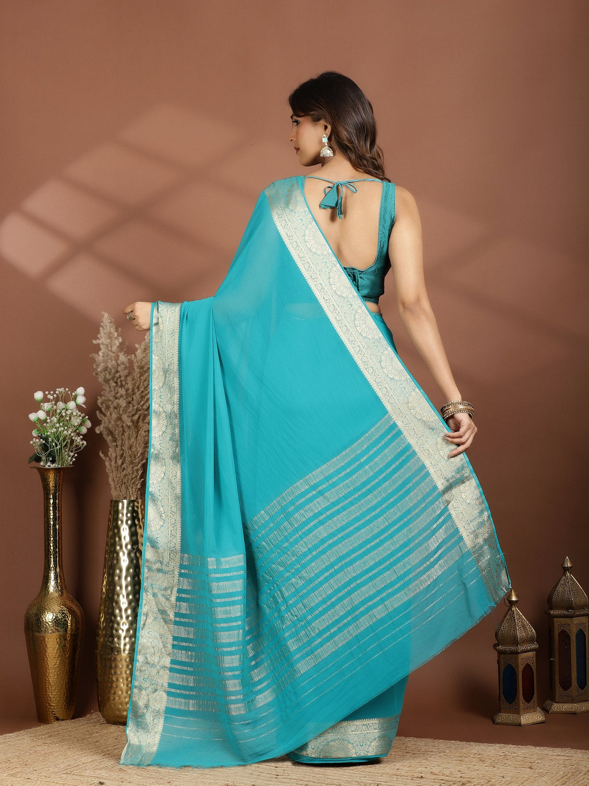 Firozee Zari Work Chiffon Saree