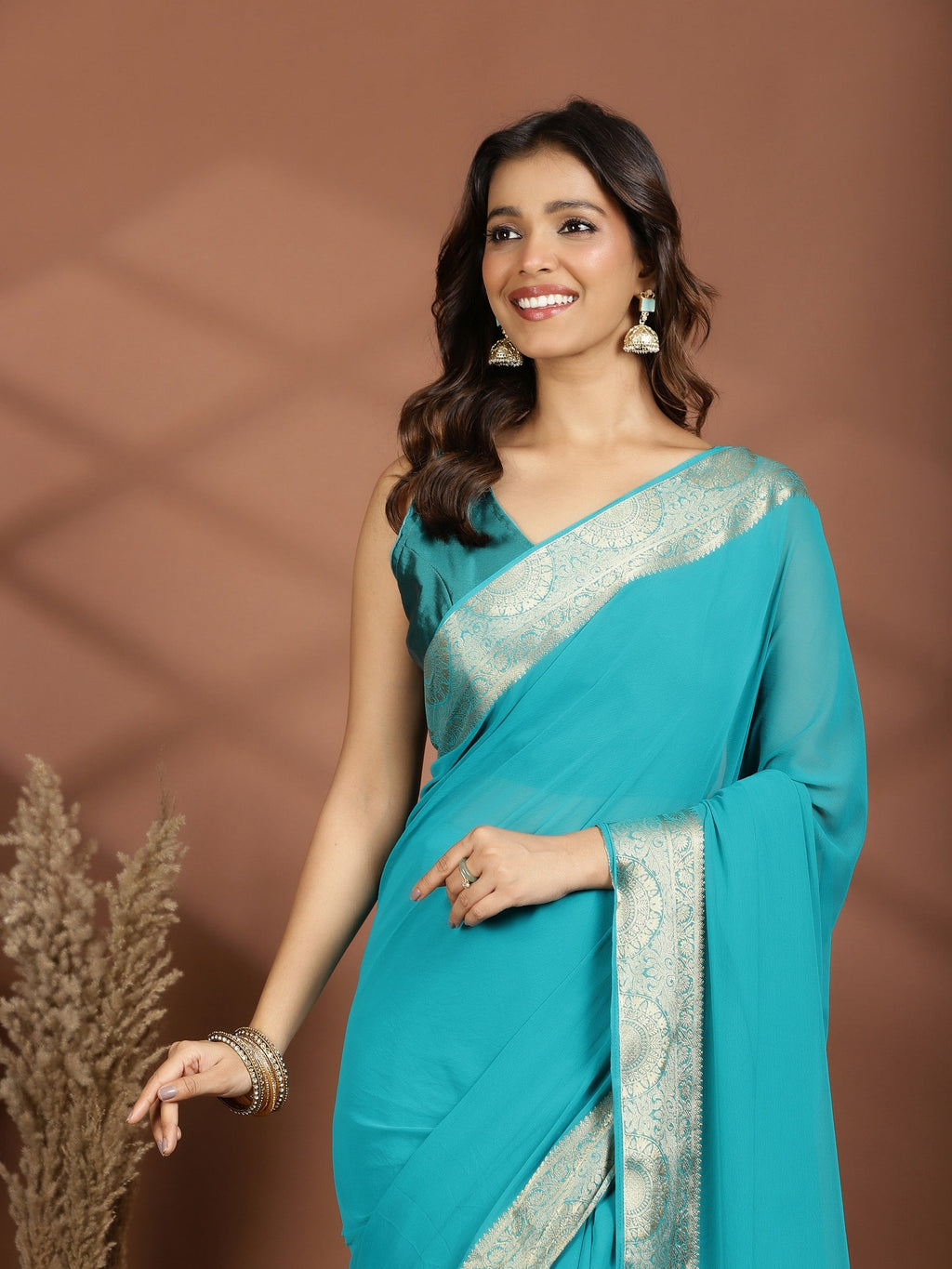 Firozee Zari Work Chiffon Saree