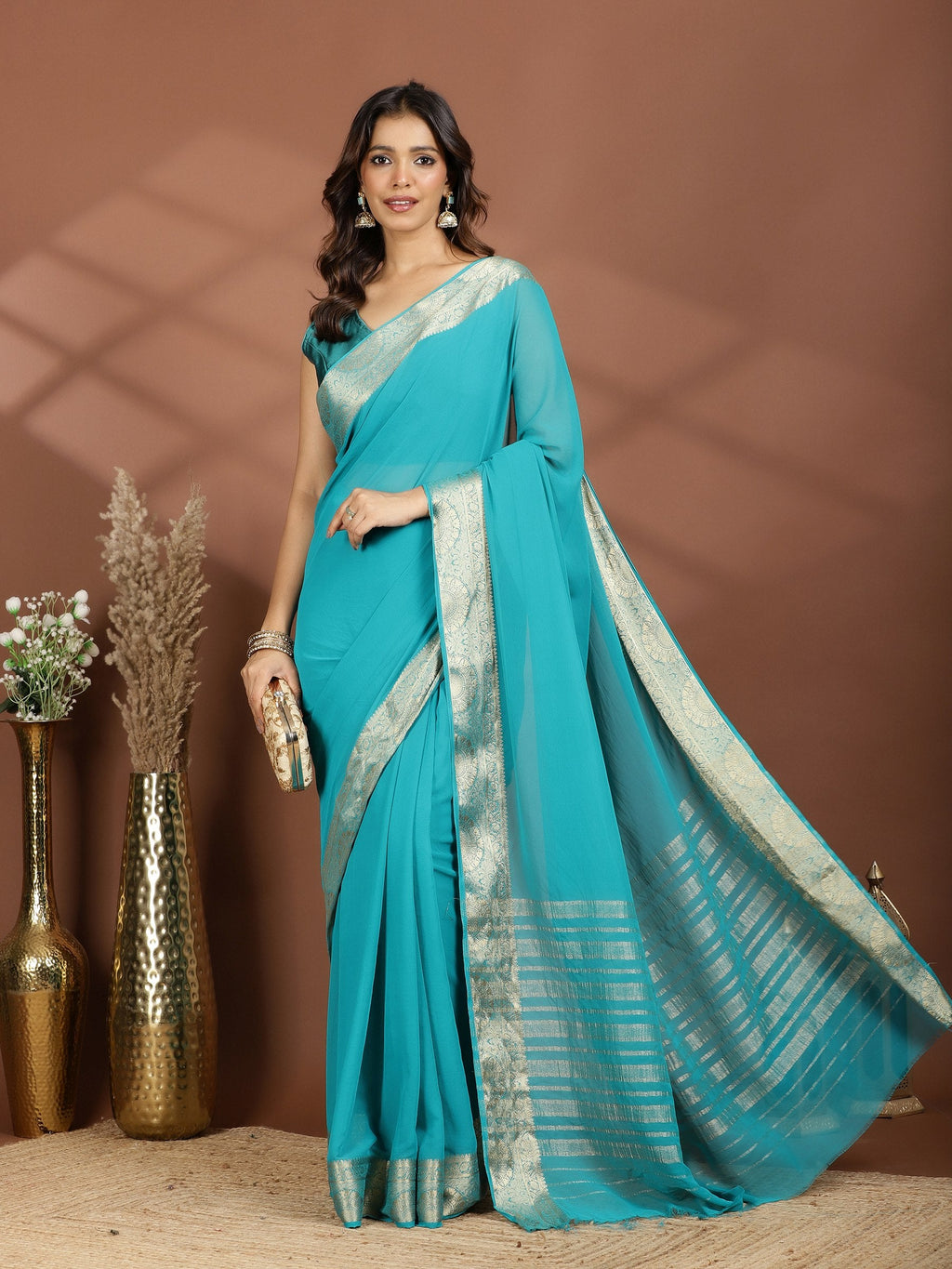 Firozee Zari Work Chiffon Saree