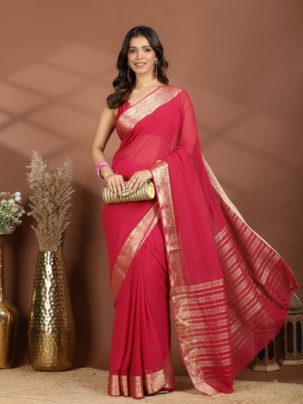 Magenta Zari Work Chiffon Saree