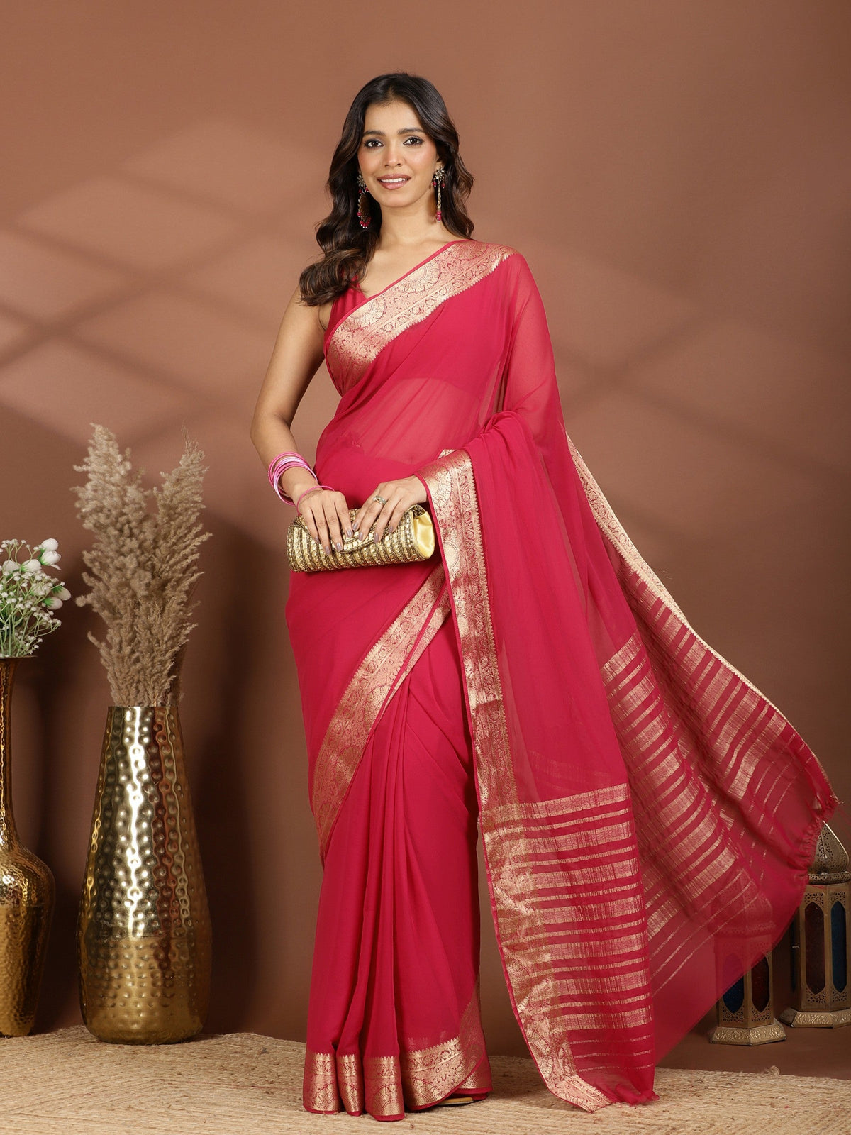 Magenta Zari Work Chiffon Saree