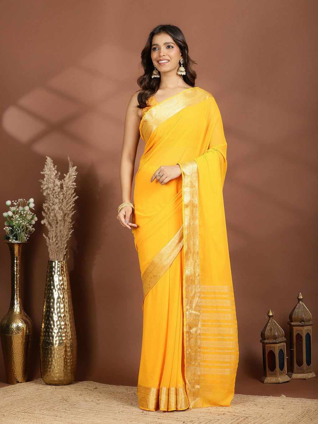 Mustard Zari Work Chiffon Saree