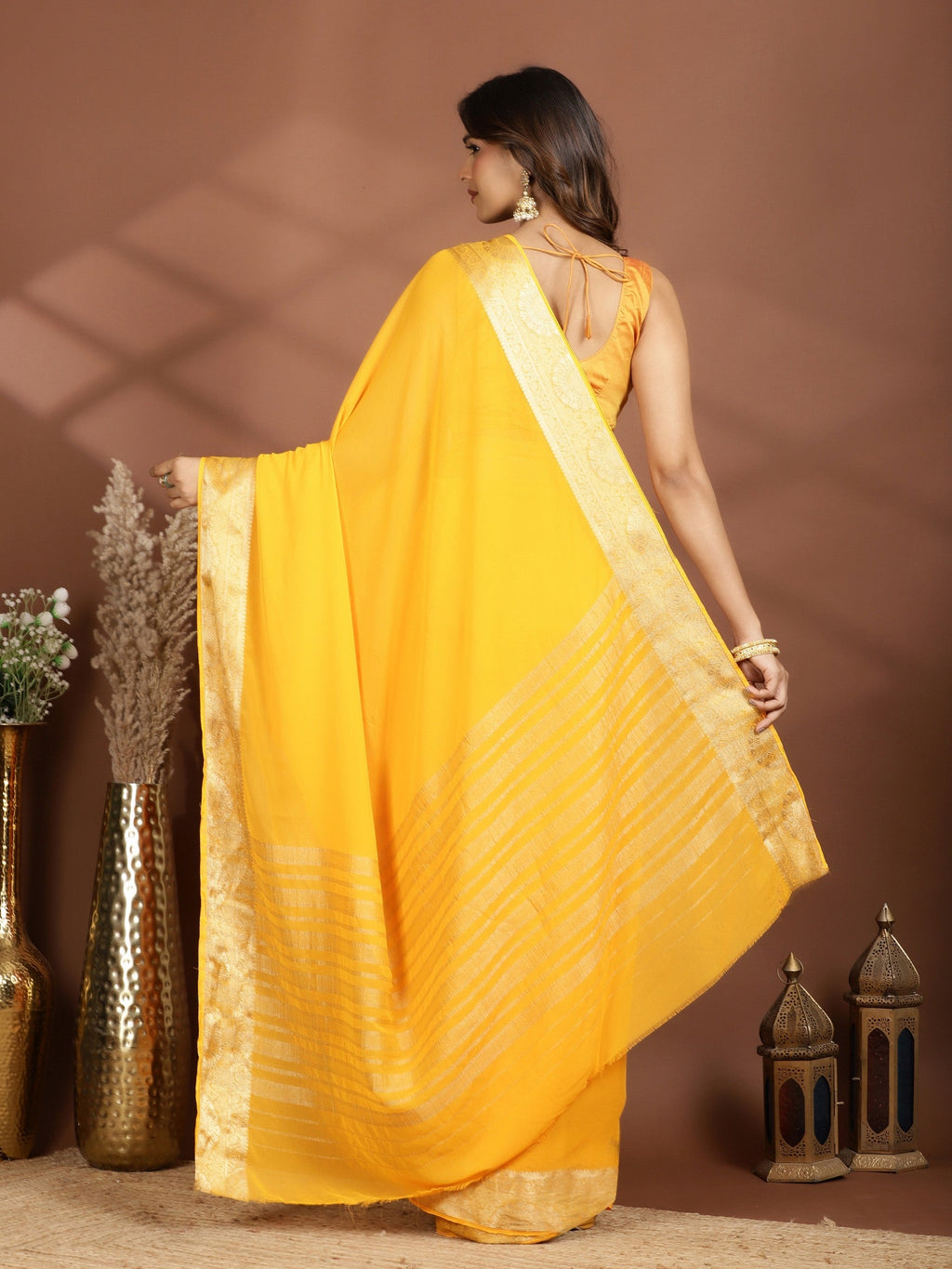 Mustard Zari Work Chiffon Saree