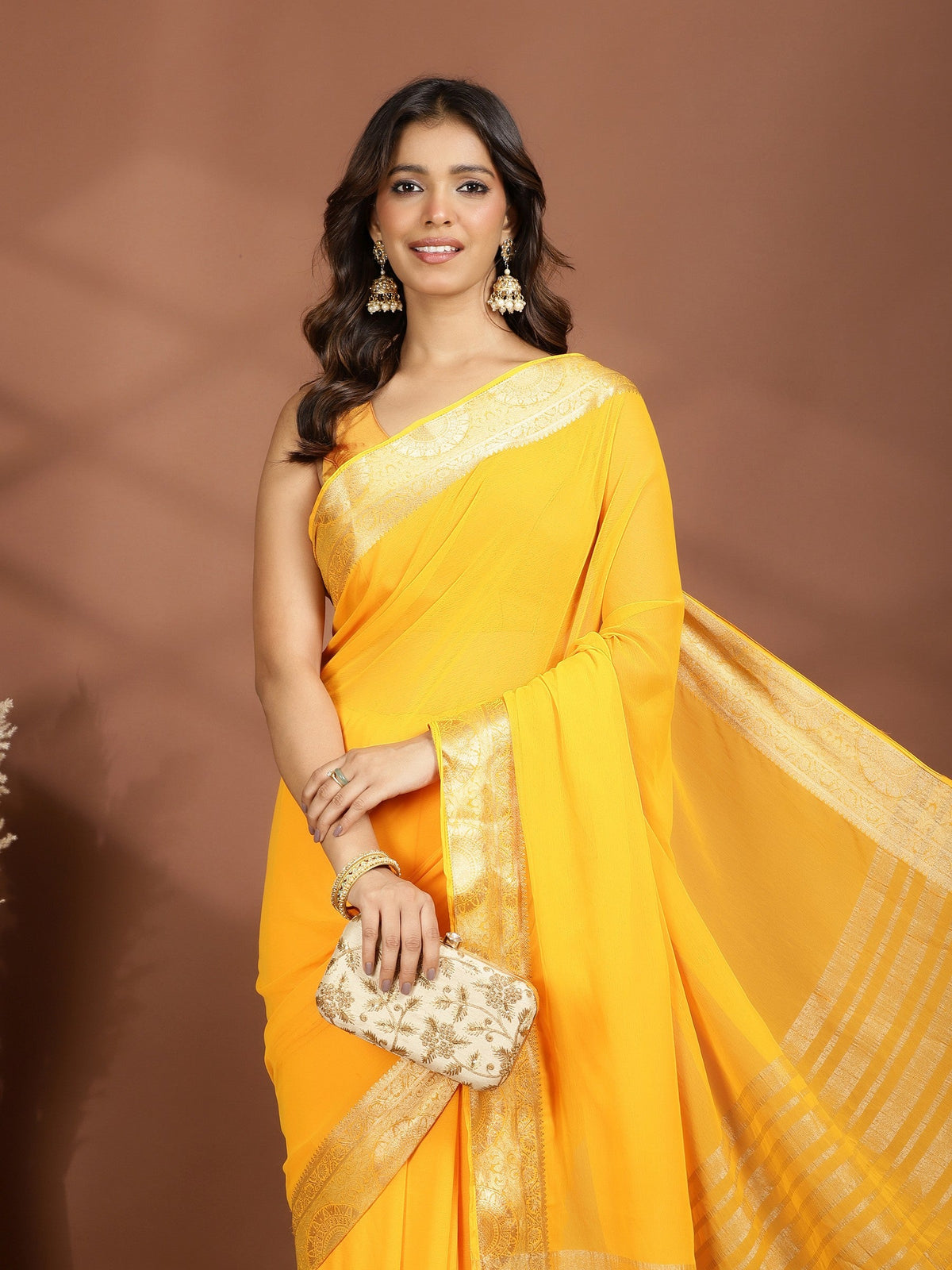 Mustard Zari Work Chiffon Saree
