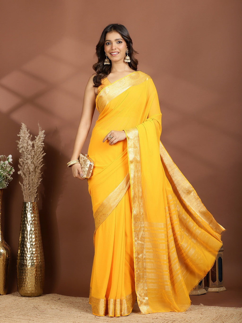 Mustard Zari Work Chiffon Saree