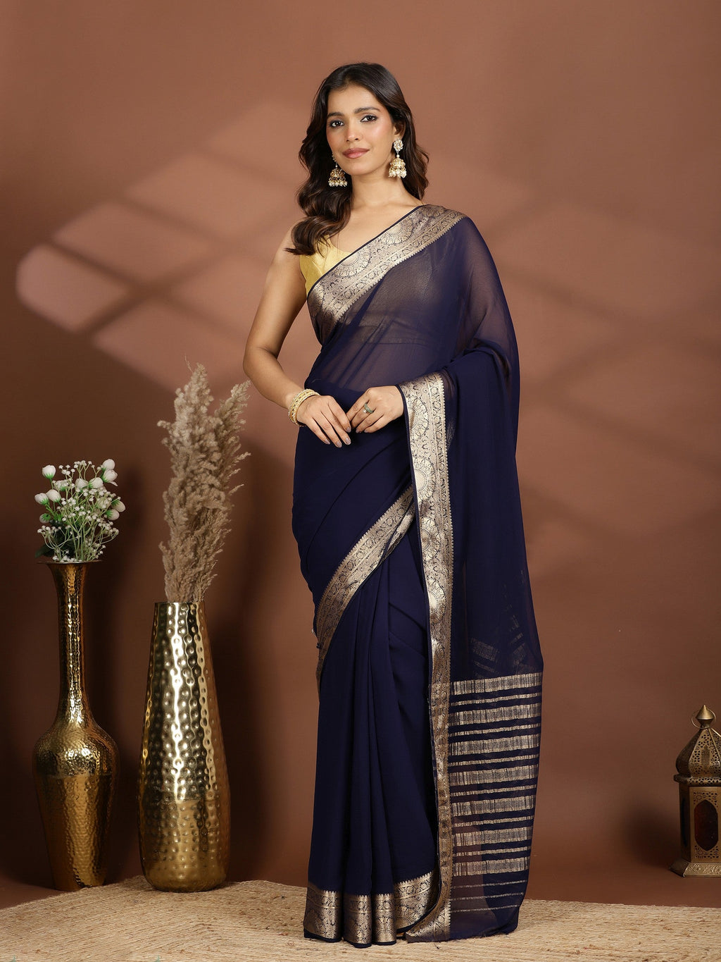 Navy Blue Zari Work Chiffon Saree