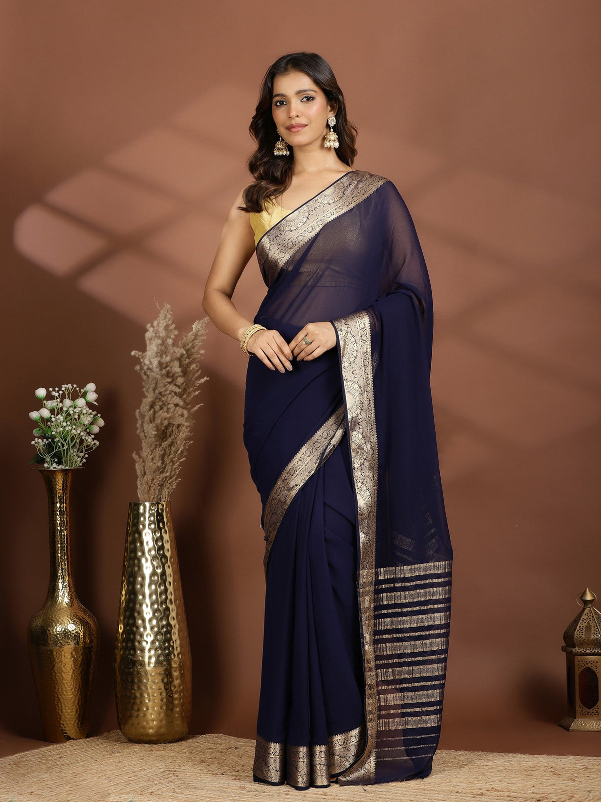 Navy Blue Zari Work Chiffon Saree