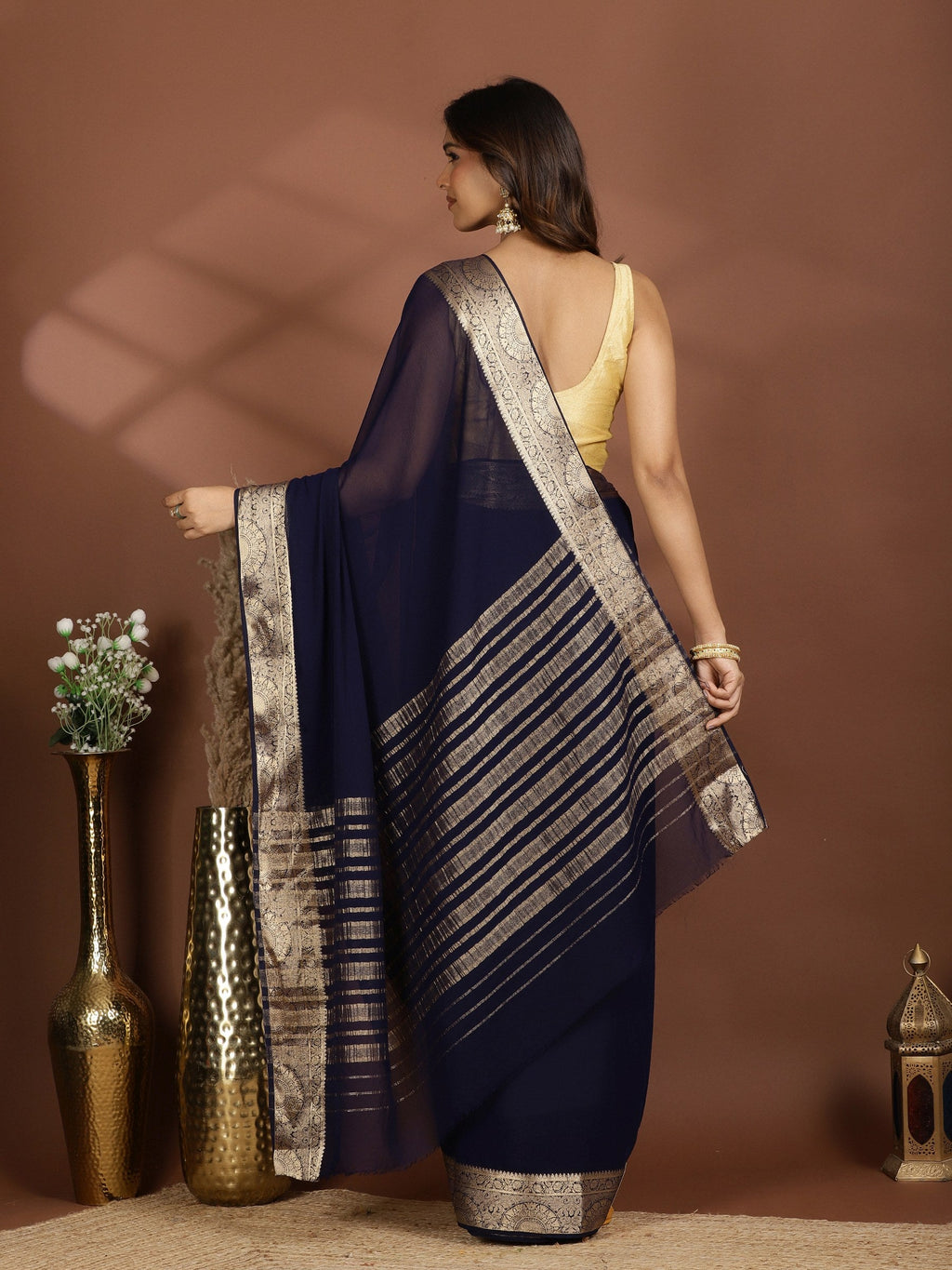 Navy Blue Zari Work Chiffon Saree