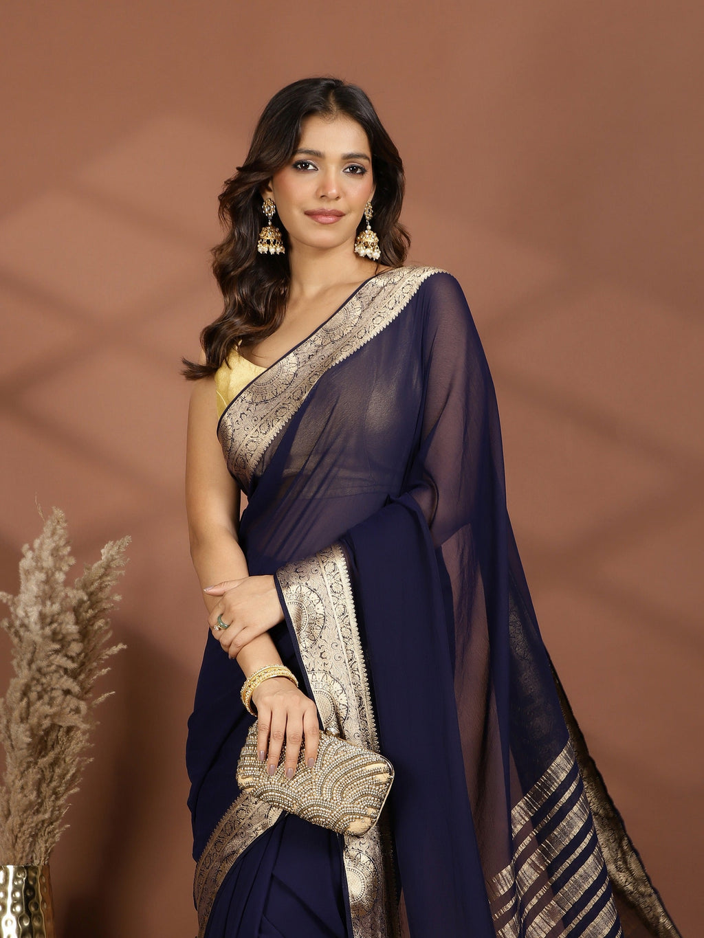 Navy Blue Zari Work Chiffon Saree
