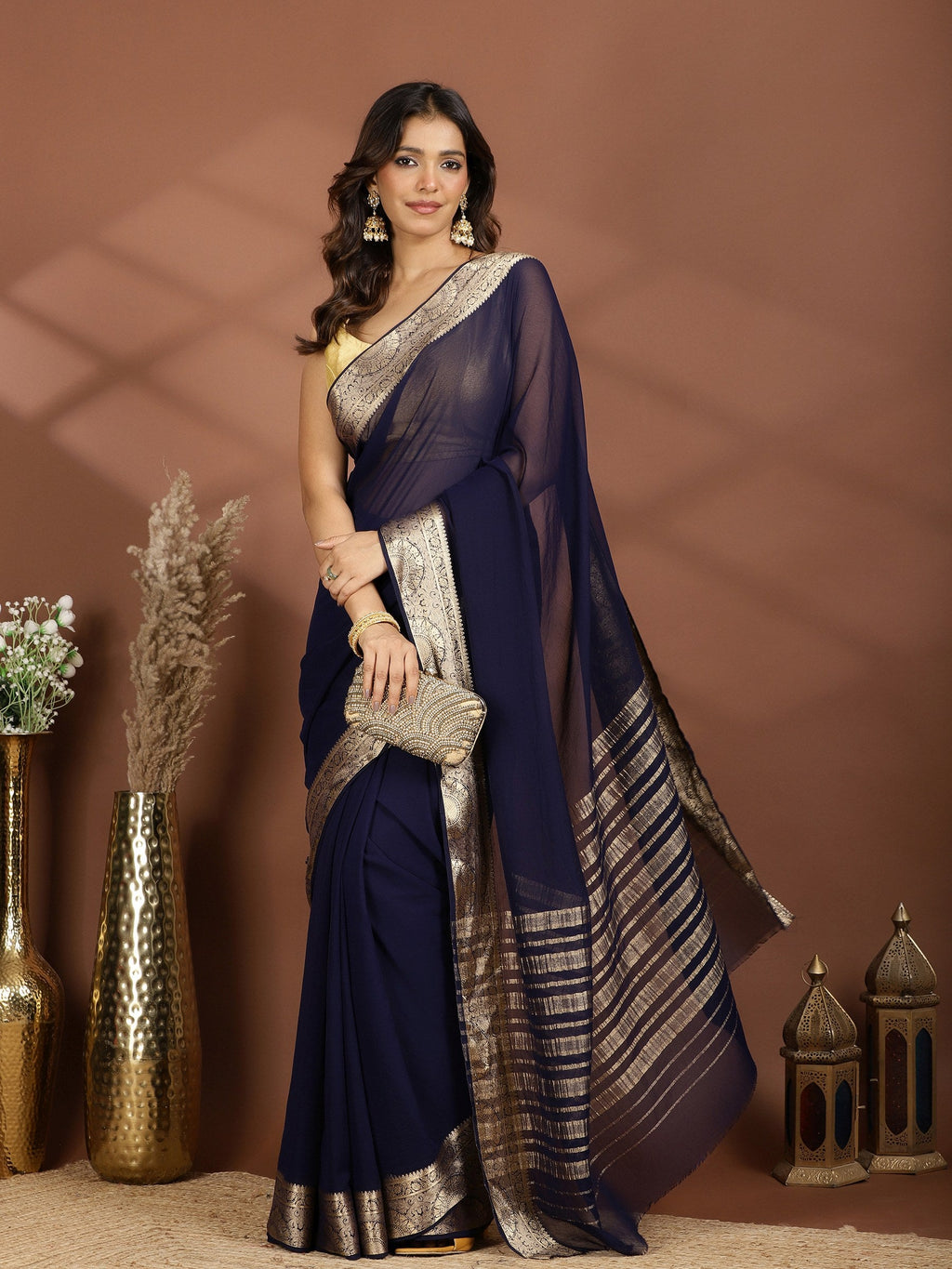 Navy Blue Zari Work Chiffon Saree