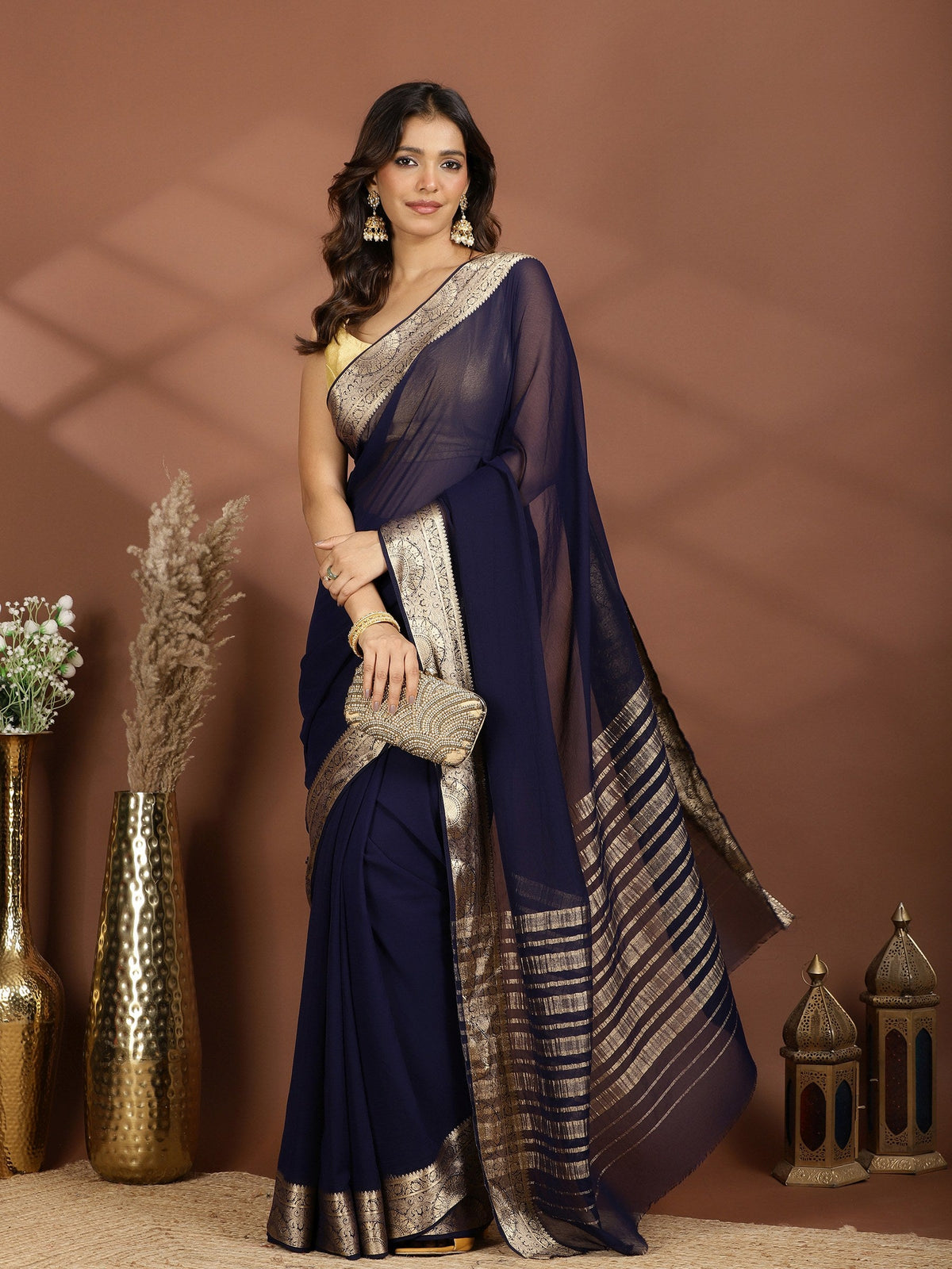 Navy Blue Zari Work Chiffon Saree