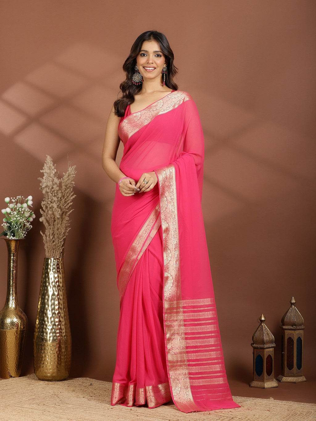 Rani Zari Work Chiffon Saree