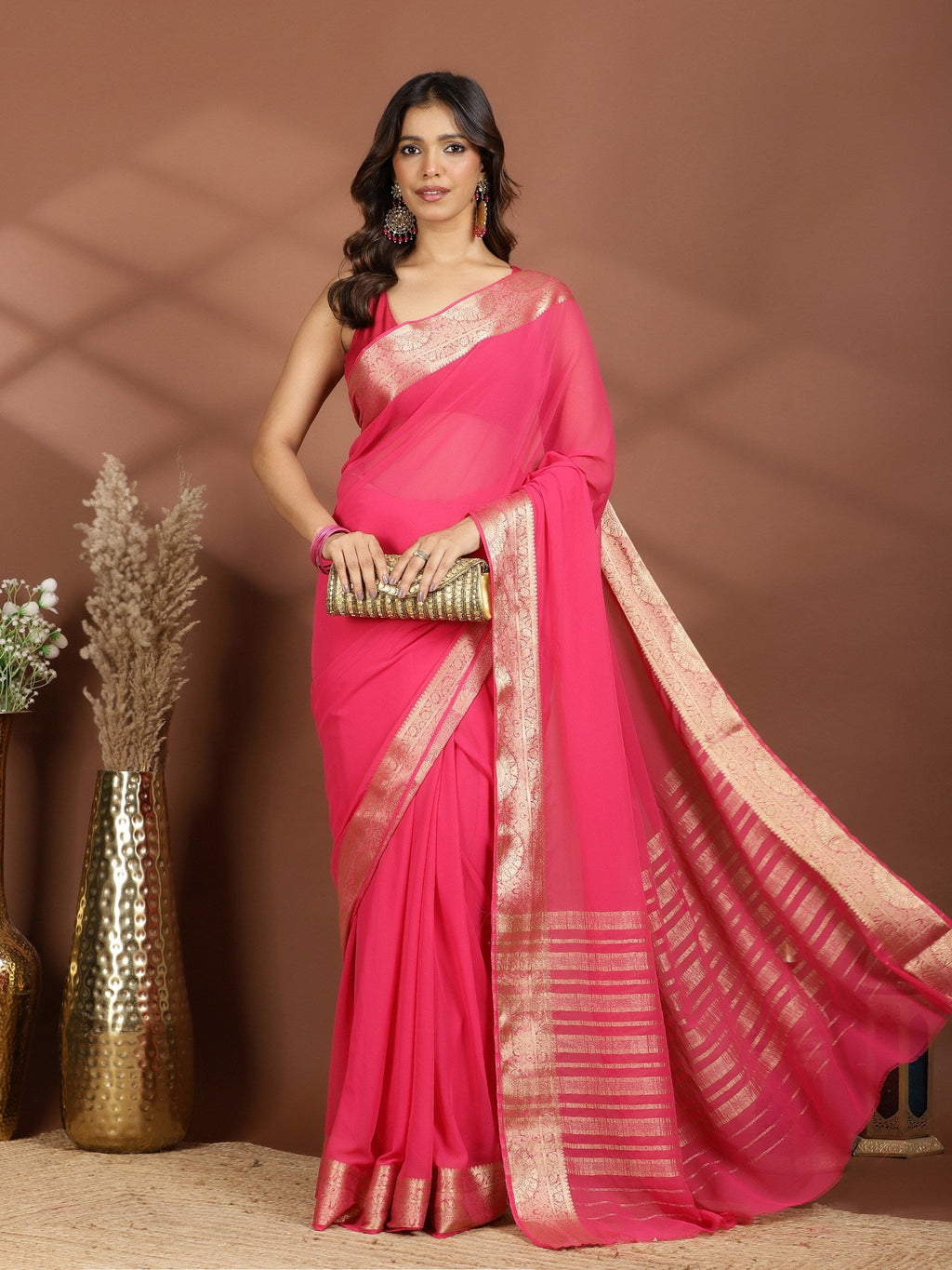 Rani Zari Work Chiffon Saree
