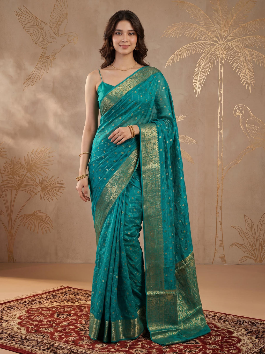 Lake Blue Zari Work Crepe Saree