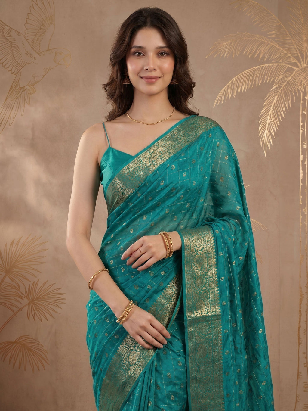 Lake Blue Zari Work Crepe Saree