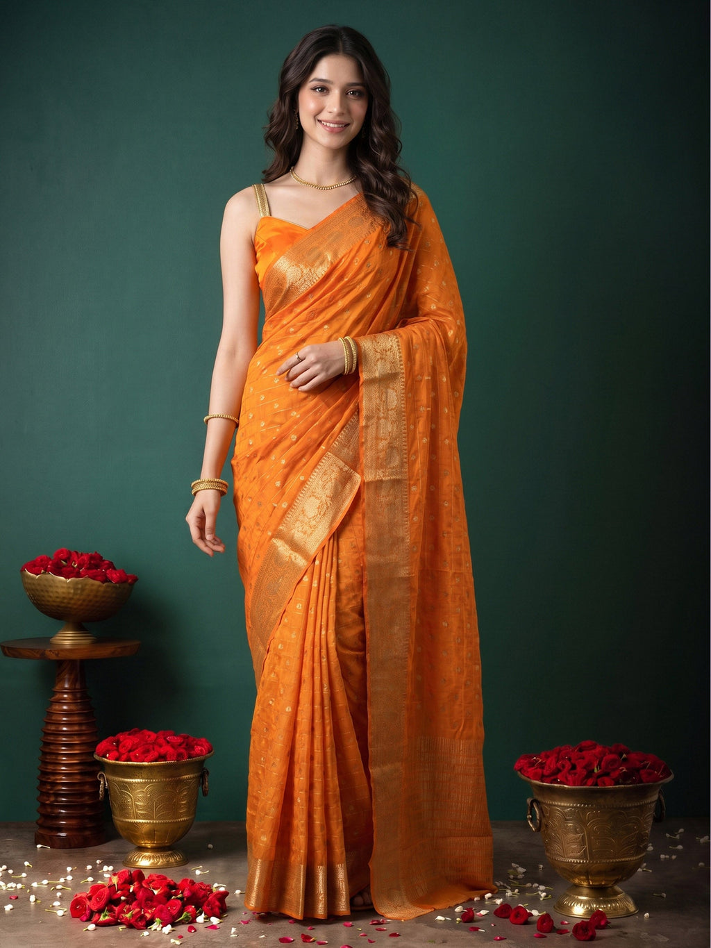 Mustard Zari Work Crepe Saree