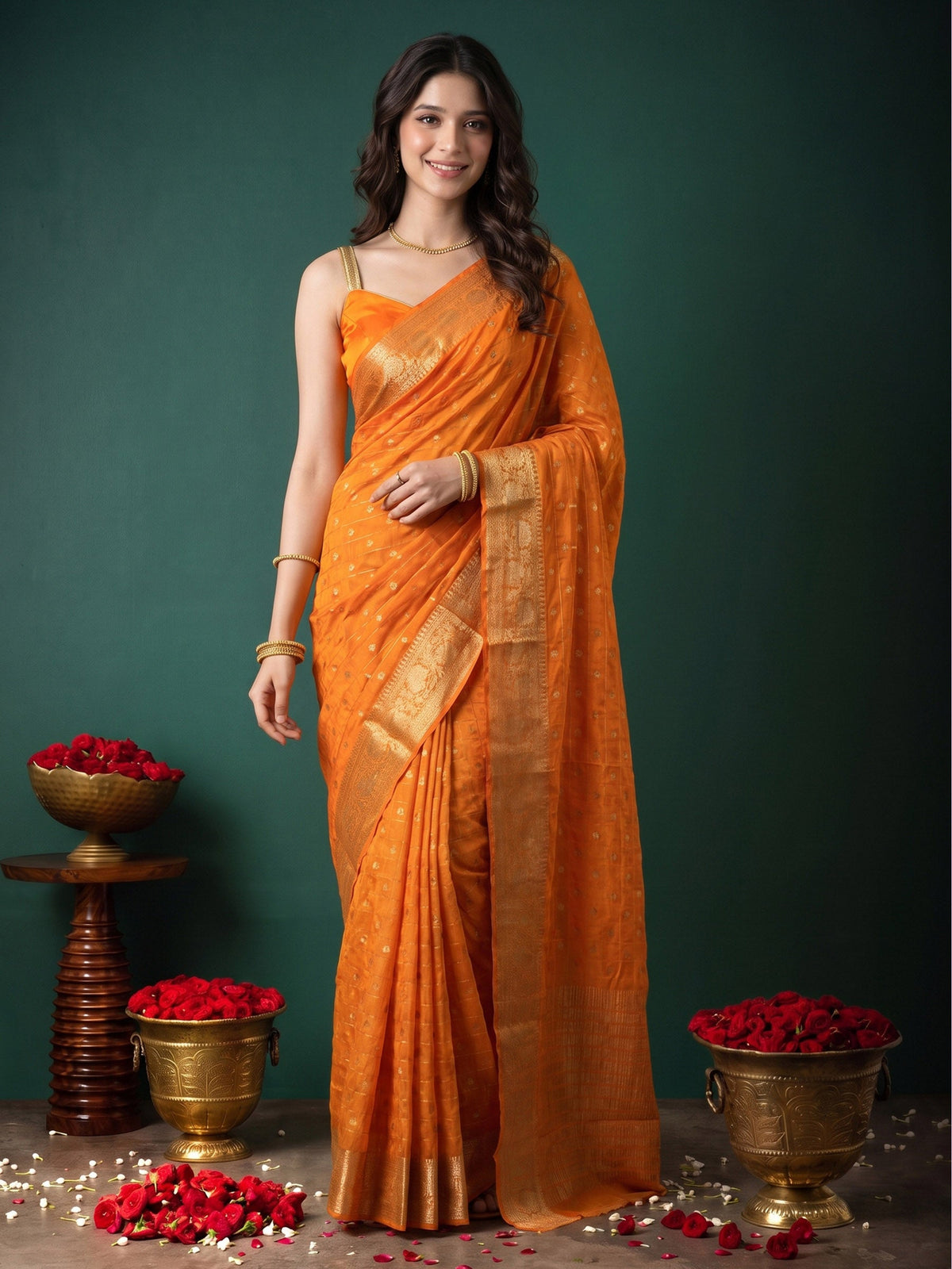 Mustard Zari Work Crepe Saree