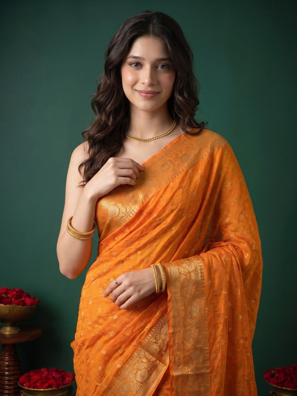 Mustard Zari Work Crepe Saree