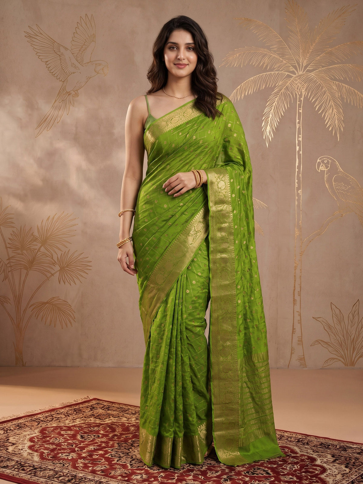 Pista Green Zari Work Crepe Saree