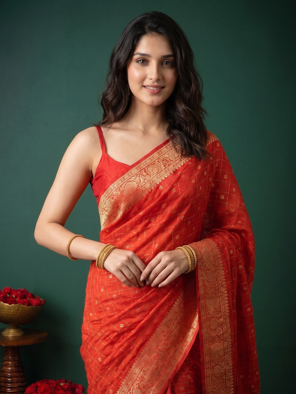 Red Zari Work Crepe Saree
