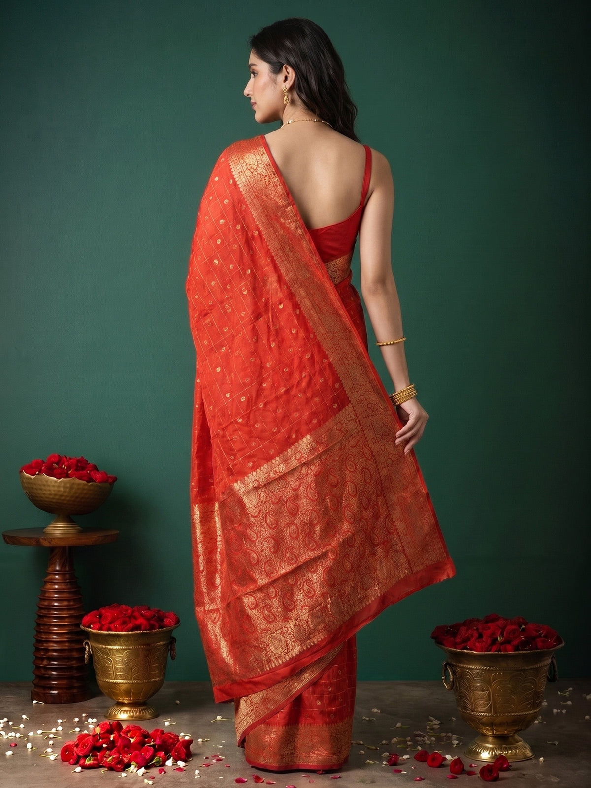 Red Zari Work Crepe Saree